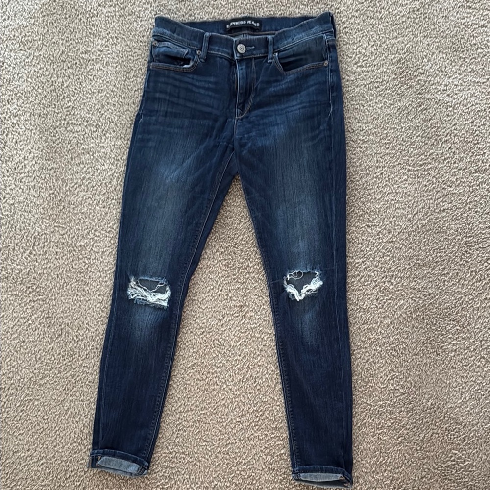 Express Blue Cropped Ankle Jeans with Distressed Details